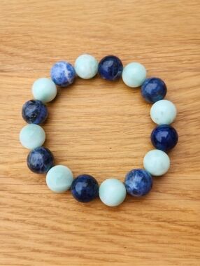 Blue Sodalite & Green Moonstone Beads Bracelet, Stretch, Hand Crafted